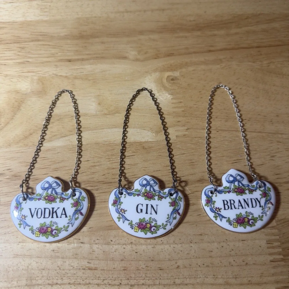 Set Of 5 Vintage Crown Staffordshire England Bone China Bottle Decanter Tags Bow